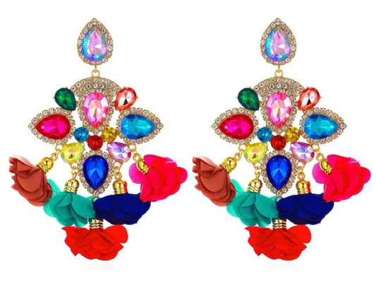 Multi Colored Rhinestone w/ Flower Tassels