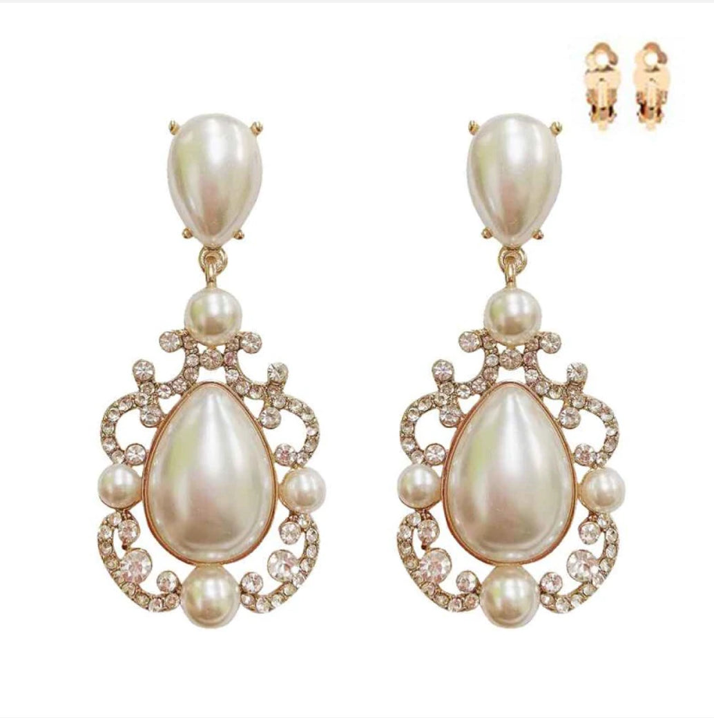 Cream Pearl and Rhinestone Clip On Earrings (Gold Accents)