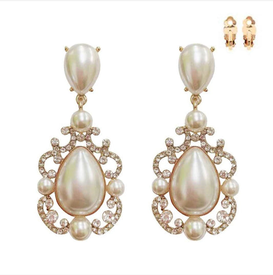Cream Pearl and Rhinestone Clip On Earrings (Gold Accents)