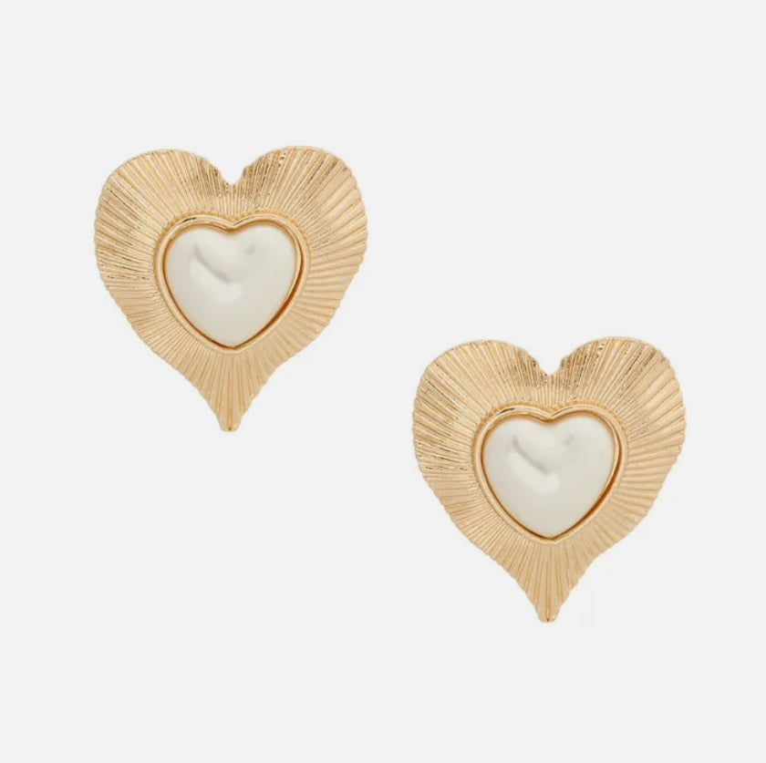 Gold and Pearl Heart Clip On Earrings