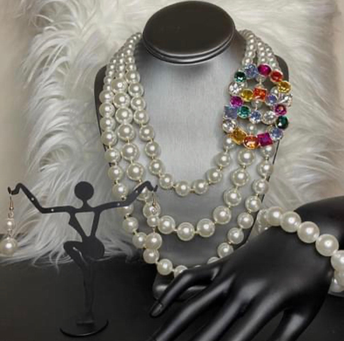 3 tier Pearl Necklace with Multi-colored Rhinestones